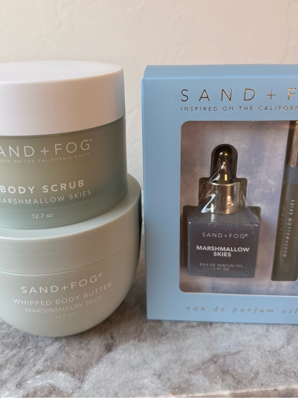 Sand + Fog Marshmallow Skies Layering Bundle | Body Butter, Scrub & Mini Oil